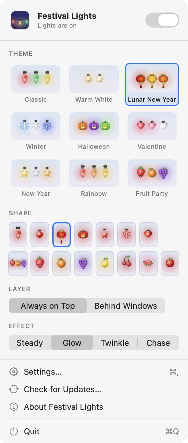 The menu bar panel with themes, shapes and effects