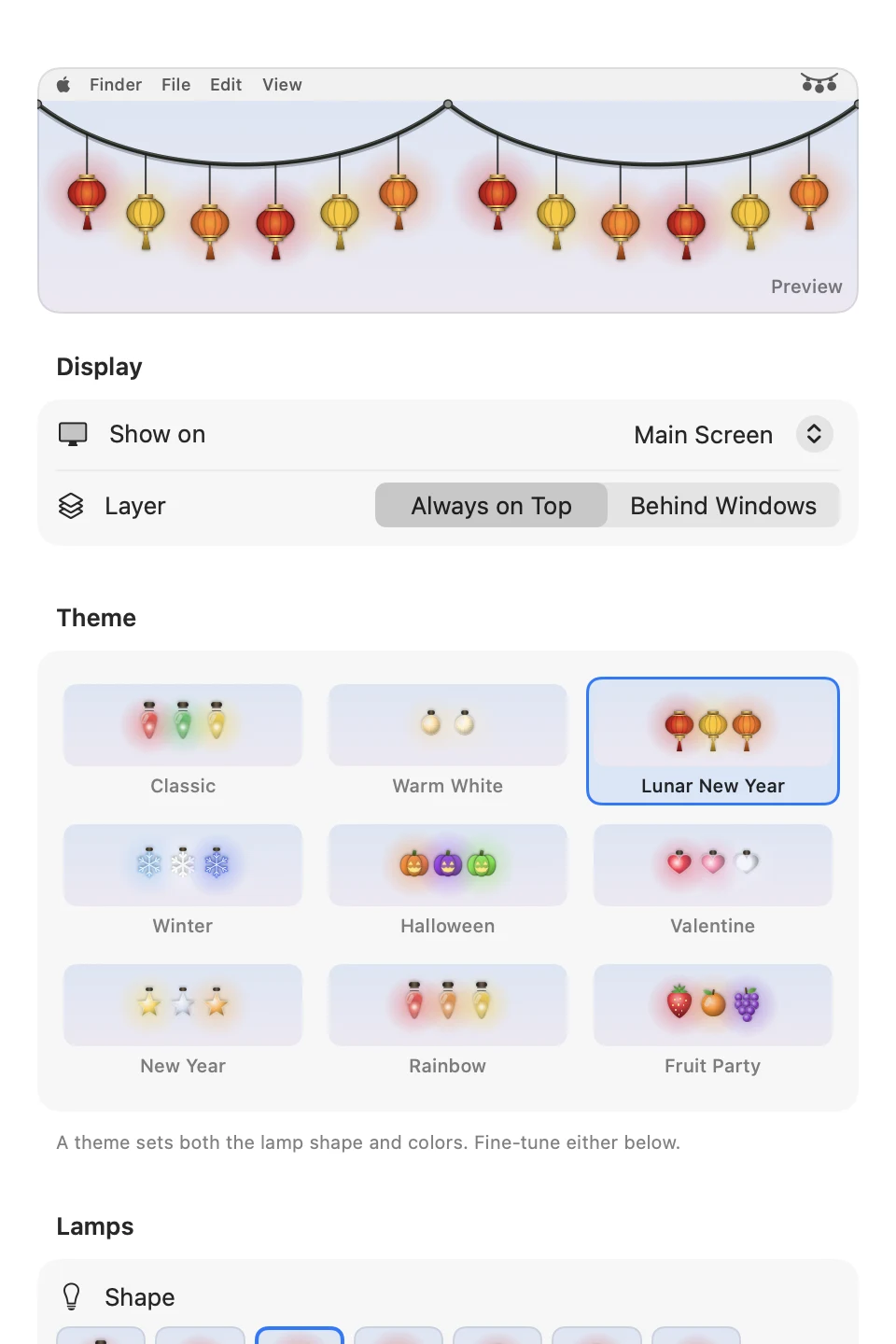 The Settings window with a live preview of the lights